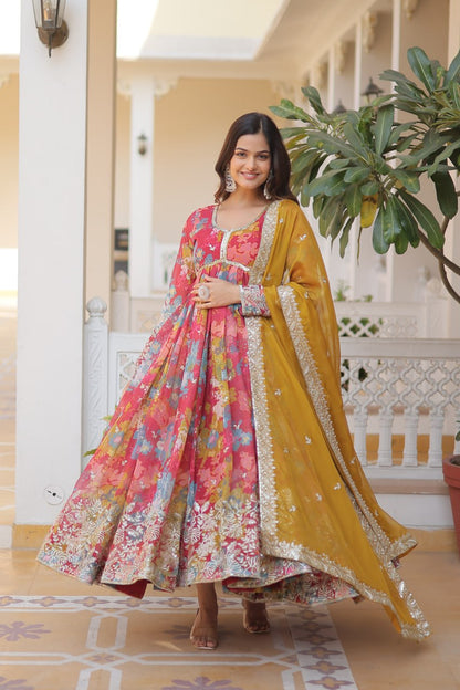 Sunshine Multi Colour Silk Indian Gown with Digital Print, Embroidered and Sequins Work Gown
