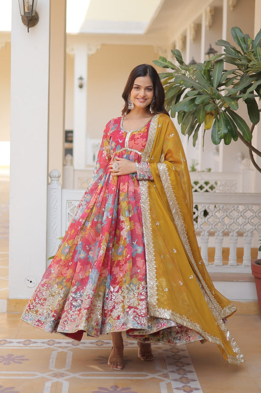Sunshine Multi Colour Silk Indian Gown with Digital Print, Embroidered and Sequins Work Gown