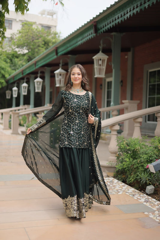 Green Premium Designer Readymade Kurti-Plazzo-Dupatta Set