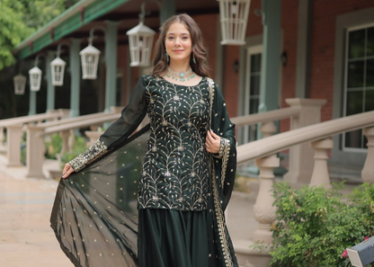 Green Premium Designer Readymade Kurti-Plazzo-Dupatta Set