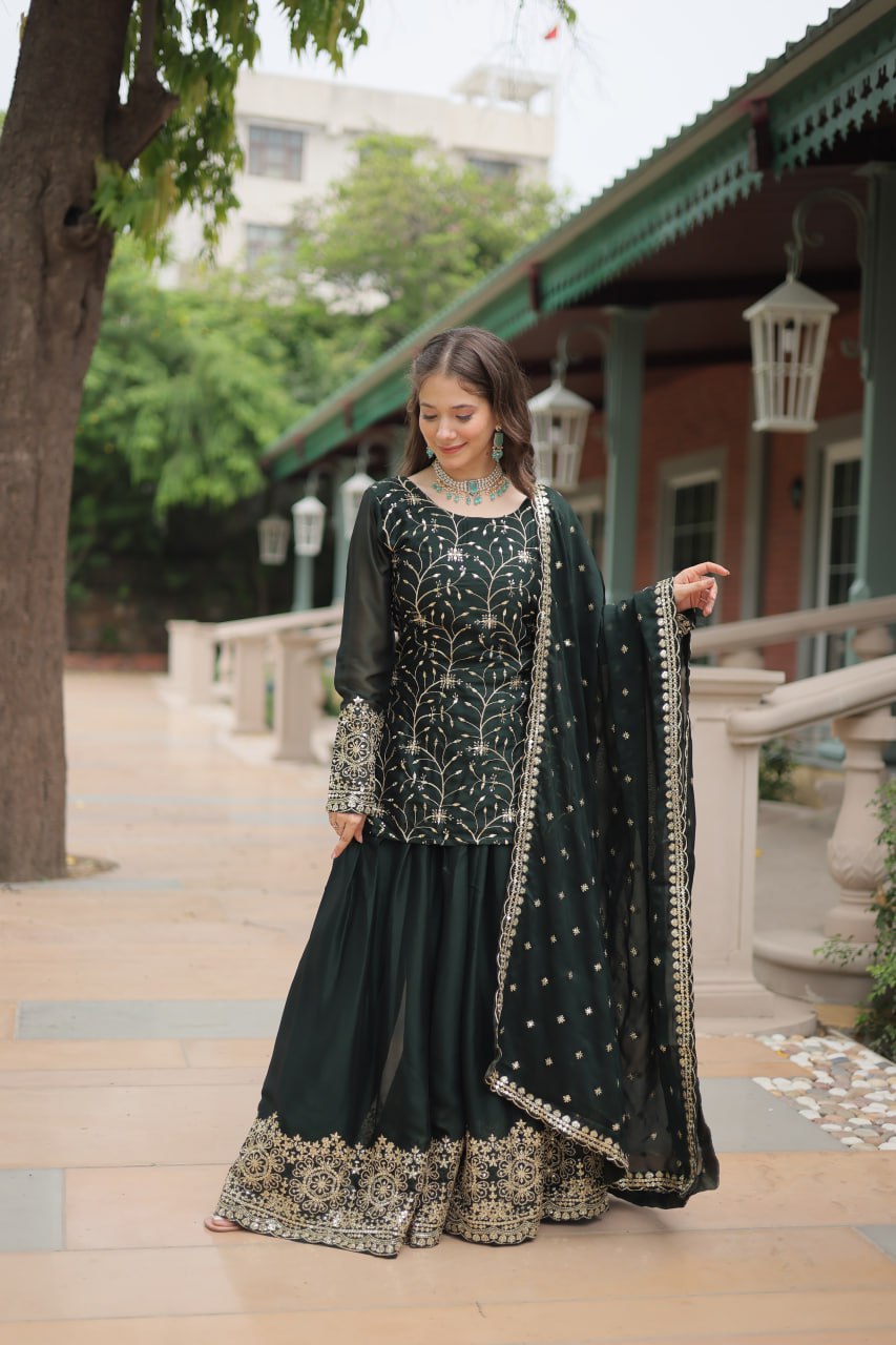 Green Premium Designer Readymade Kurti-Plazzo-Dupatta Set