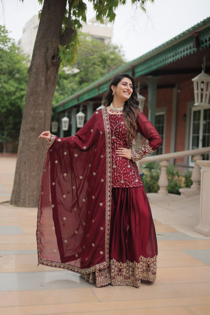 Maroon Premium Designer Readymade Kurti-Plazzo-Dupatta Set