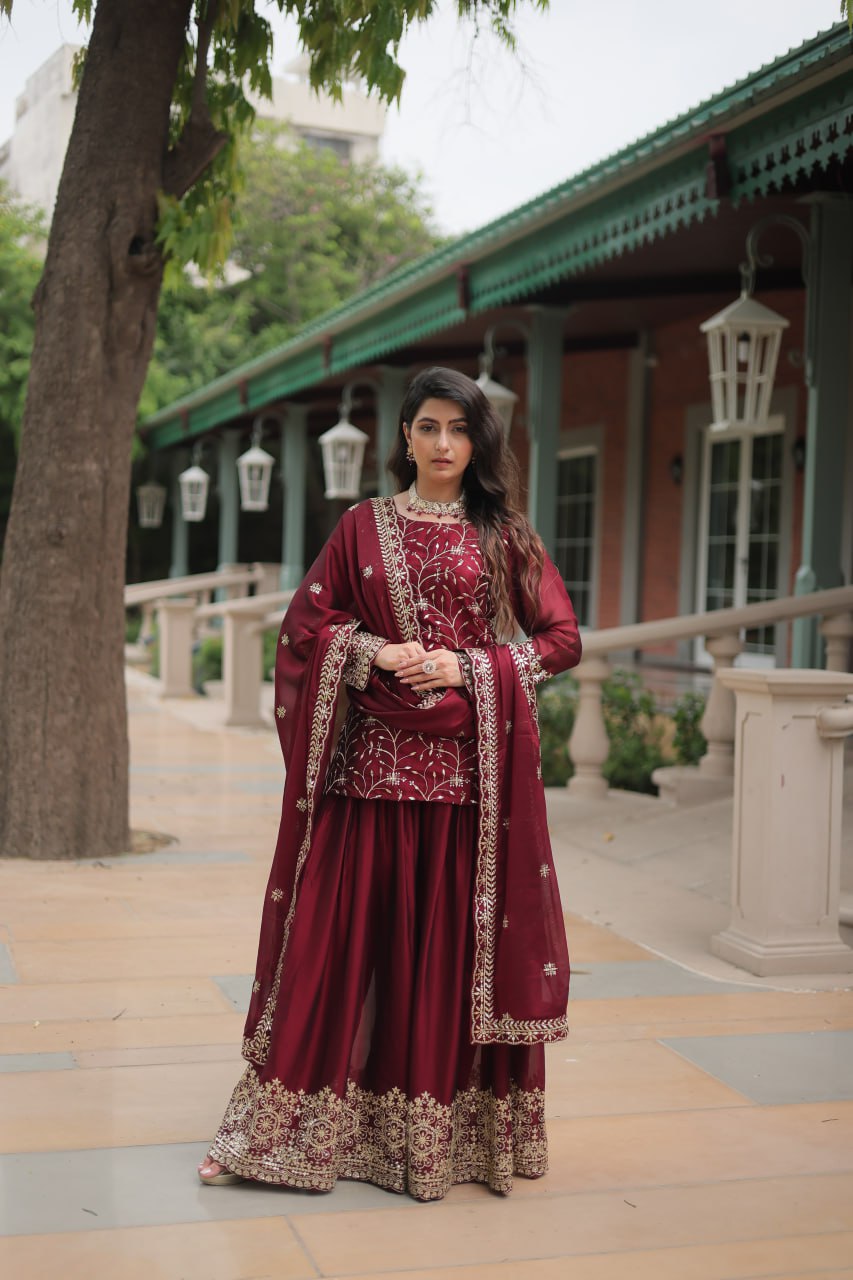 Maroon Premium Designer Readymade Kurti-Plazzo-Dupatta Set