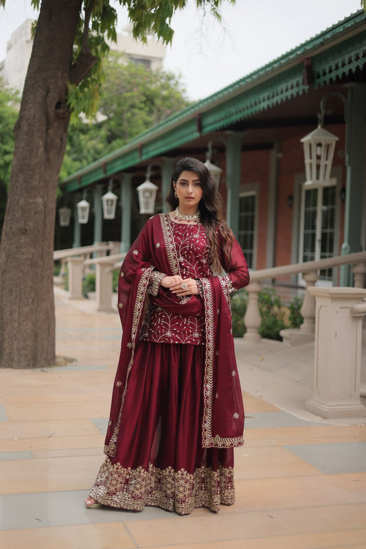 Maroon Premium Designer Readymade Kurti-Plazzo-Dupatta Set