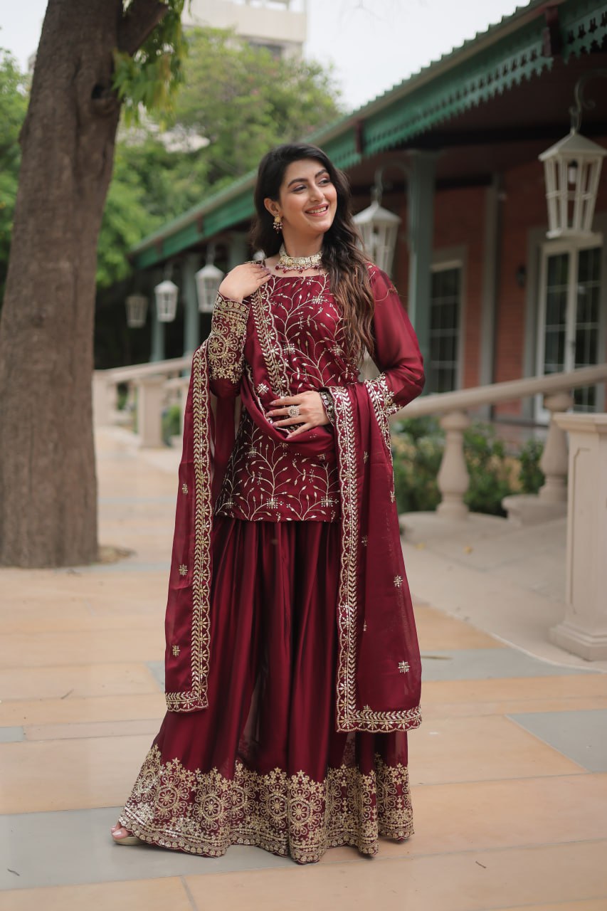 Maroon Premium Designer Readymade Kurti-Plazzo-Dupatta Set