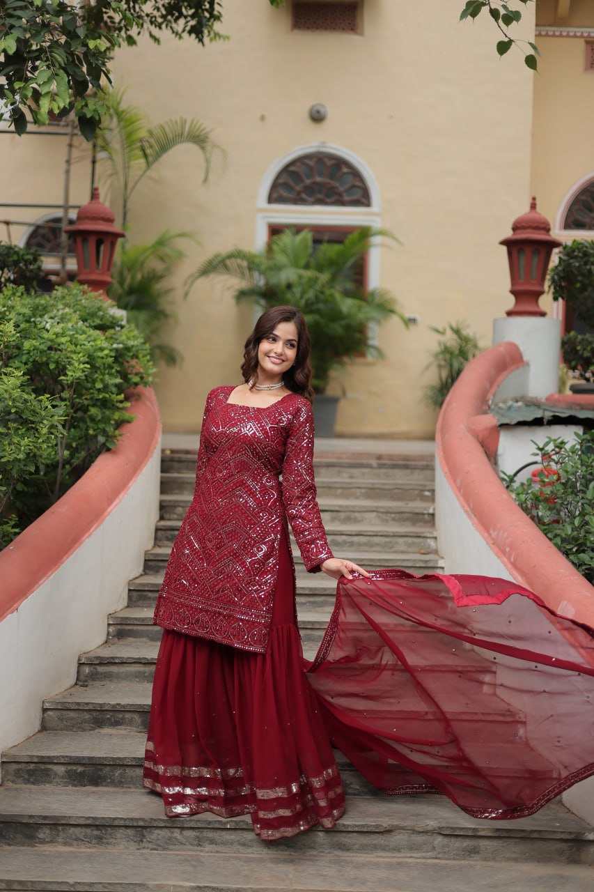 Georgette Maroon Party Wear Sequins Work Readymade Sharara Suit