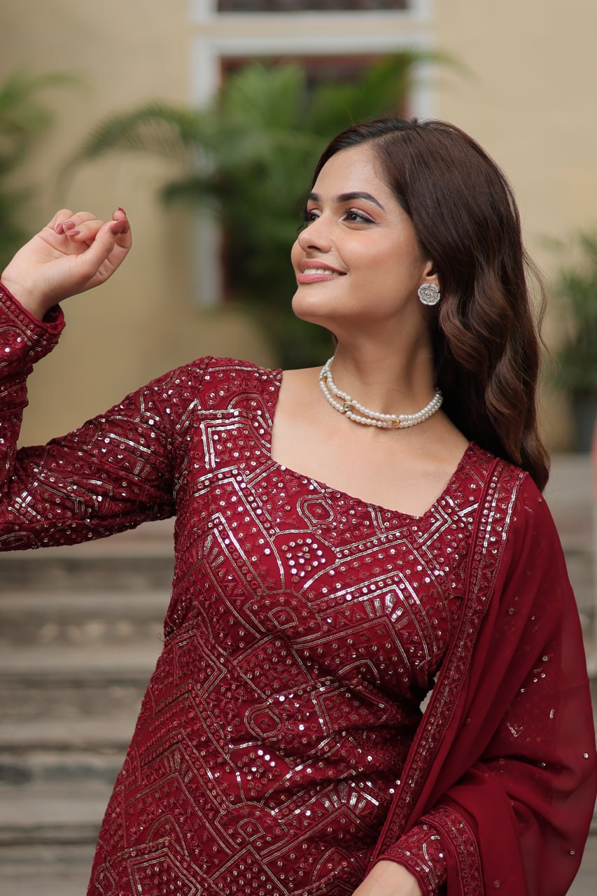 Georgette Maroon Party Wear Sequins Work Readymade Sharara Suit