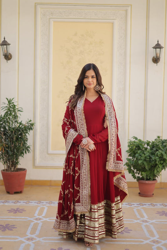Red Colour Faux Blooming Embroidery Cari Sequence Work Gown