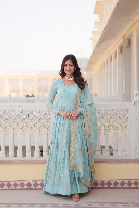 Sky Blue Sequin Embroidered Georgette Gown With Dupatta