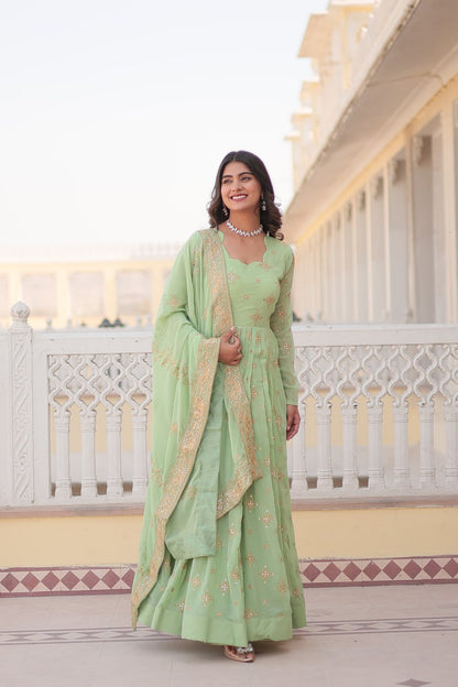Green Sequin Embroidered Georgette Gown With Dupatta