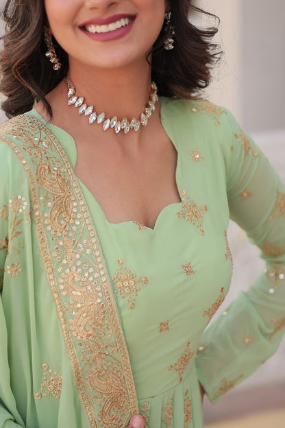 Green Sequin Embroidered Georgette Gown With Dupatta