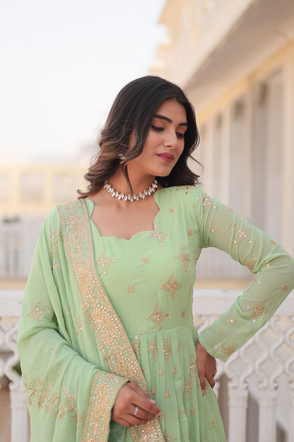 Green Sequin Embroidered Georgette Gown With Dupatta