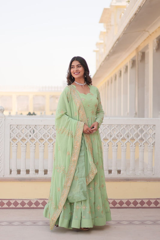 Green Sequin Embroidered Georgette Gown With Dupatta