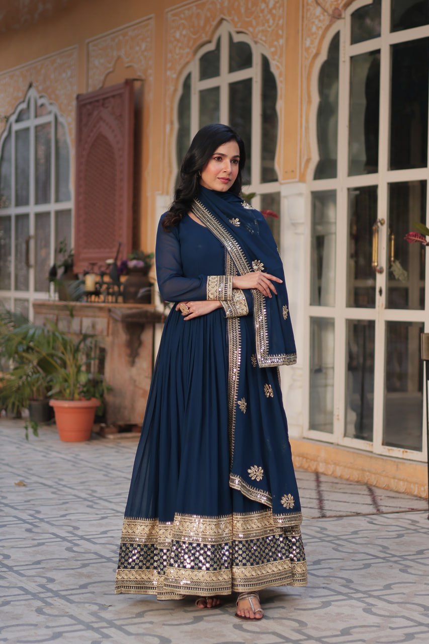 Faux Blooming with Embroidery Zari Sequins-work Blue Anarkali Gown With Dupatta