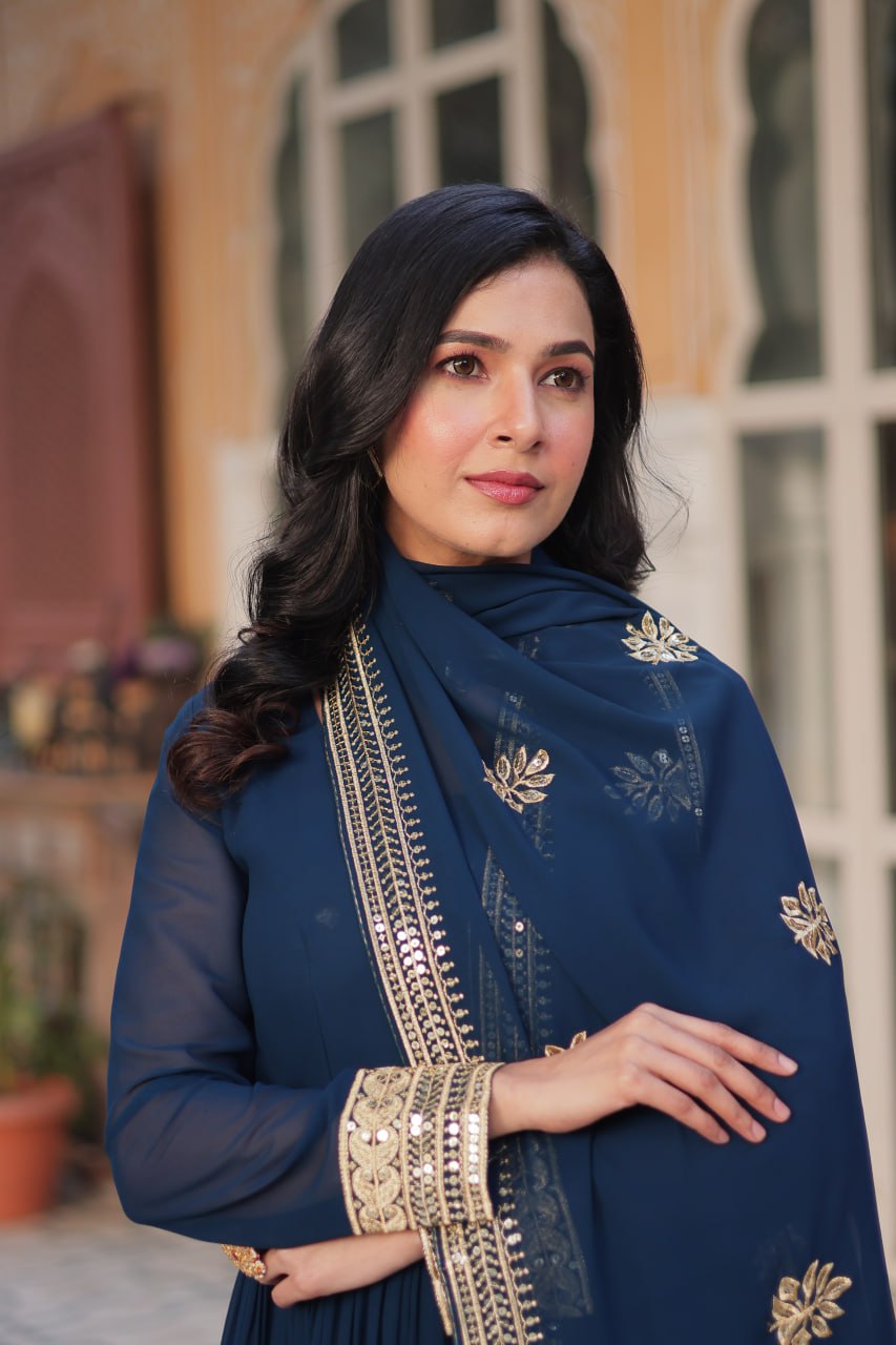 Faux Blooming with Embroidery Zari Sequins-work Blue Anarkali Gown With Dupatta