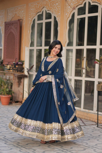 Faux Blooming with Embroidery Zari Sequins-work Blue Anarkali Gown With Dupatta