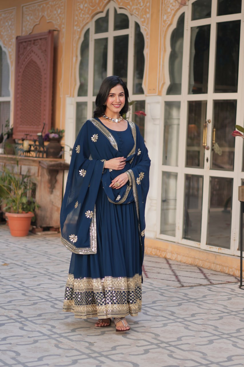 Faux Blooming with Embroidery Zari Sequins-work Blue Anarkali Gown With Dupatta