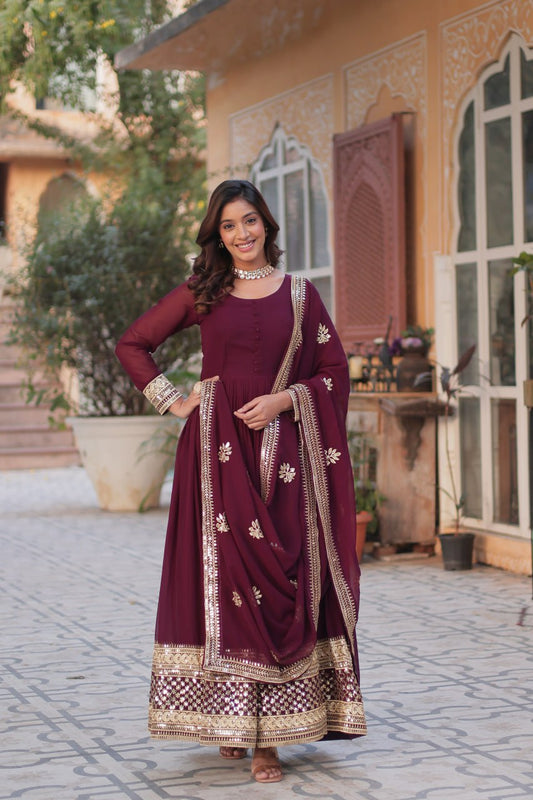 Faux Blooming with Embroidery Zari Sequins-work Maroon Anarkali Gown With Dupatta