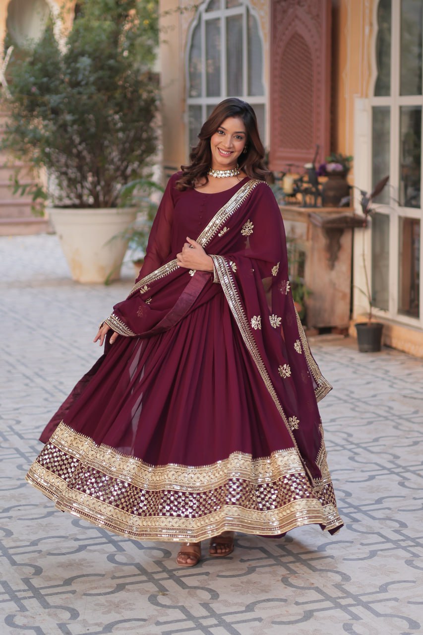 Faux Blooming with Embroidery Zari Sequins-work Maroon Anarkali Gown With Dupatta