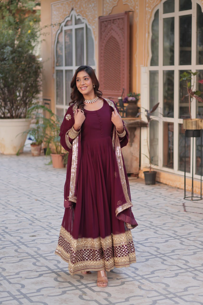 Faux Blooming with Embroidery Zari Sequins-work Maroon Anarkali Gown With Dupatta