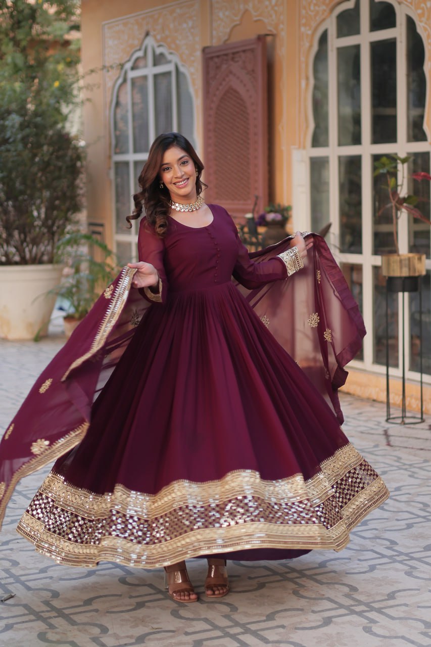 Faux Blooming with Embroidery Zari Sequins-work Maroon Anarkali Gown With Dupatta