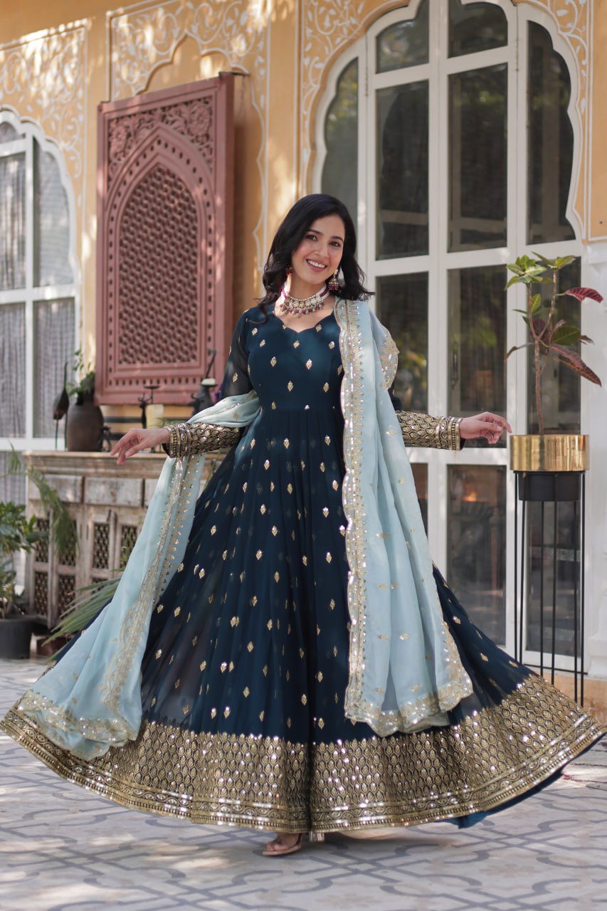 Blue Premium Designer Readymade Gown with Dupatta Collection Luxurious Faux Blooming Embroidery