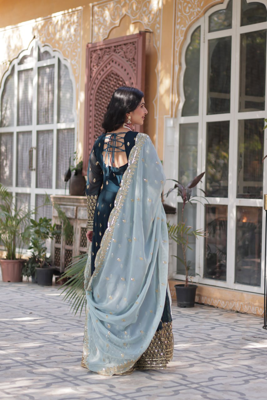 Blue Premium Designer Readymade Gown with Dupatta Collection Luxurious Faux Blooming Embroidery