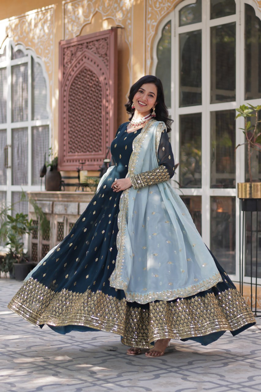 Blue Premium Designer Readymade Gown with Dupatta Collection Luxurious Faux Blooming Embroidery