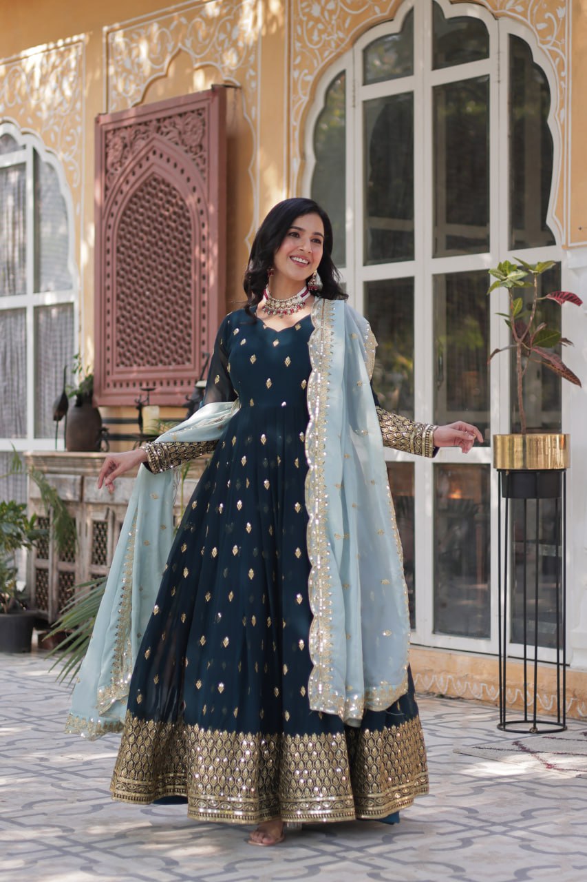 Blue Premium Designer Readymade Gown with Dupatta Collection Luxurious Faux Blooming Embroidery