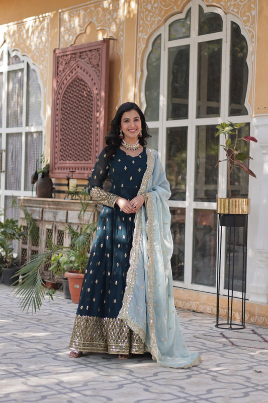 Blue Premium Designer Readymade Gown with Dupatta Collection Luxurious Faux Blooming Embroidery