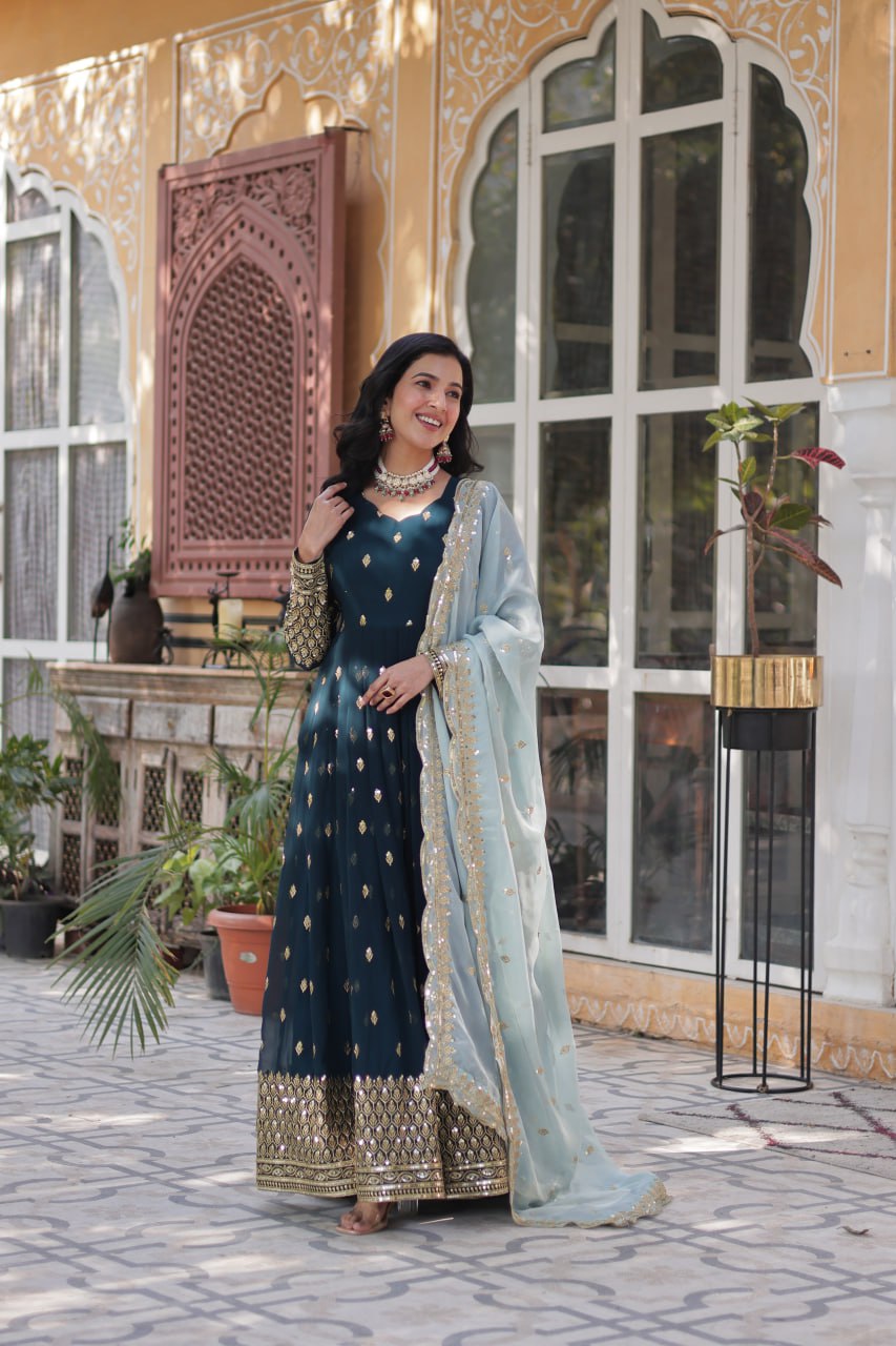 Blue Premium Designer Readymade Gown with Dupatta Collection Luxurious Faux Blooming Embroidery