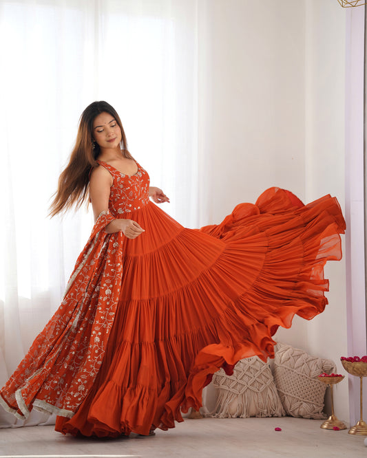 Orange Color Georgette Five Layer Ruffle Style Anarkali Gown