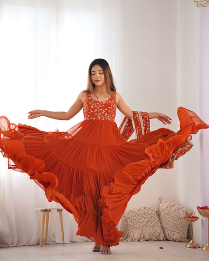 Orange Color Georgette Five Layer Ruffle Style Anarkali Gown