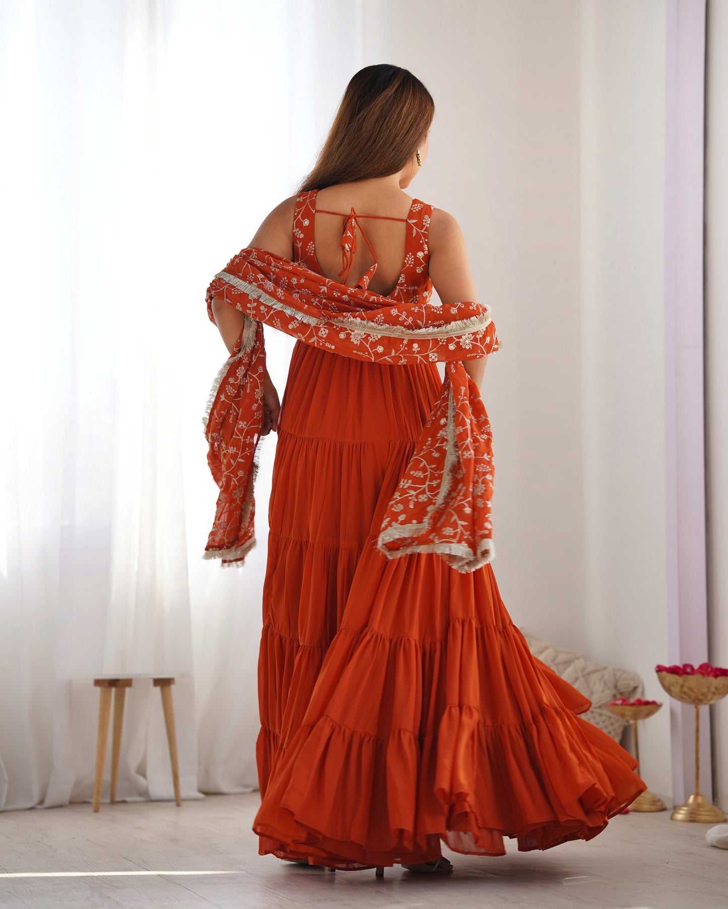 Orange Color Georgette Five Layer Ruffle Style Anarkali Gown