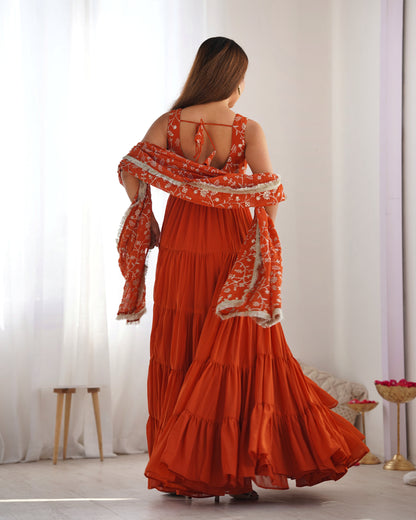 Orange Color Georgette Five Layer Ruffle Style Anarkali Gown
