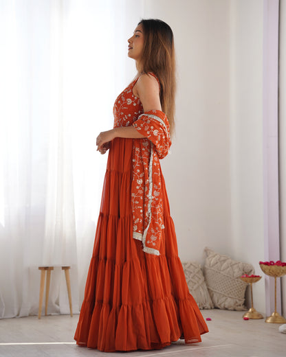 Orange Color Georgette Five Layer Ruffle Style Anarkali Gown