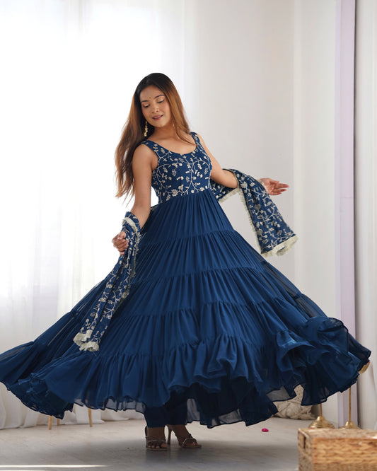 Rama Color Georgette Five Layer Ruffle Style Anarkali Gown
