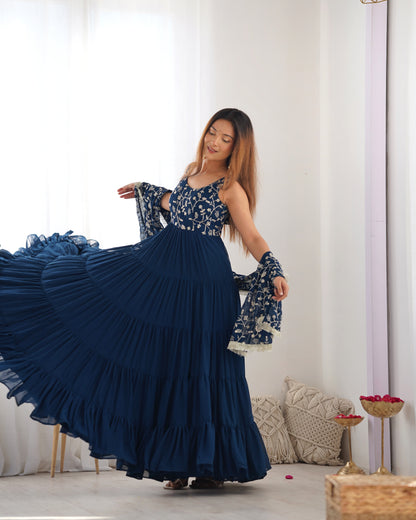 Rama Color Georgette Five Layer Ruffle Style Anarkali Gown