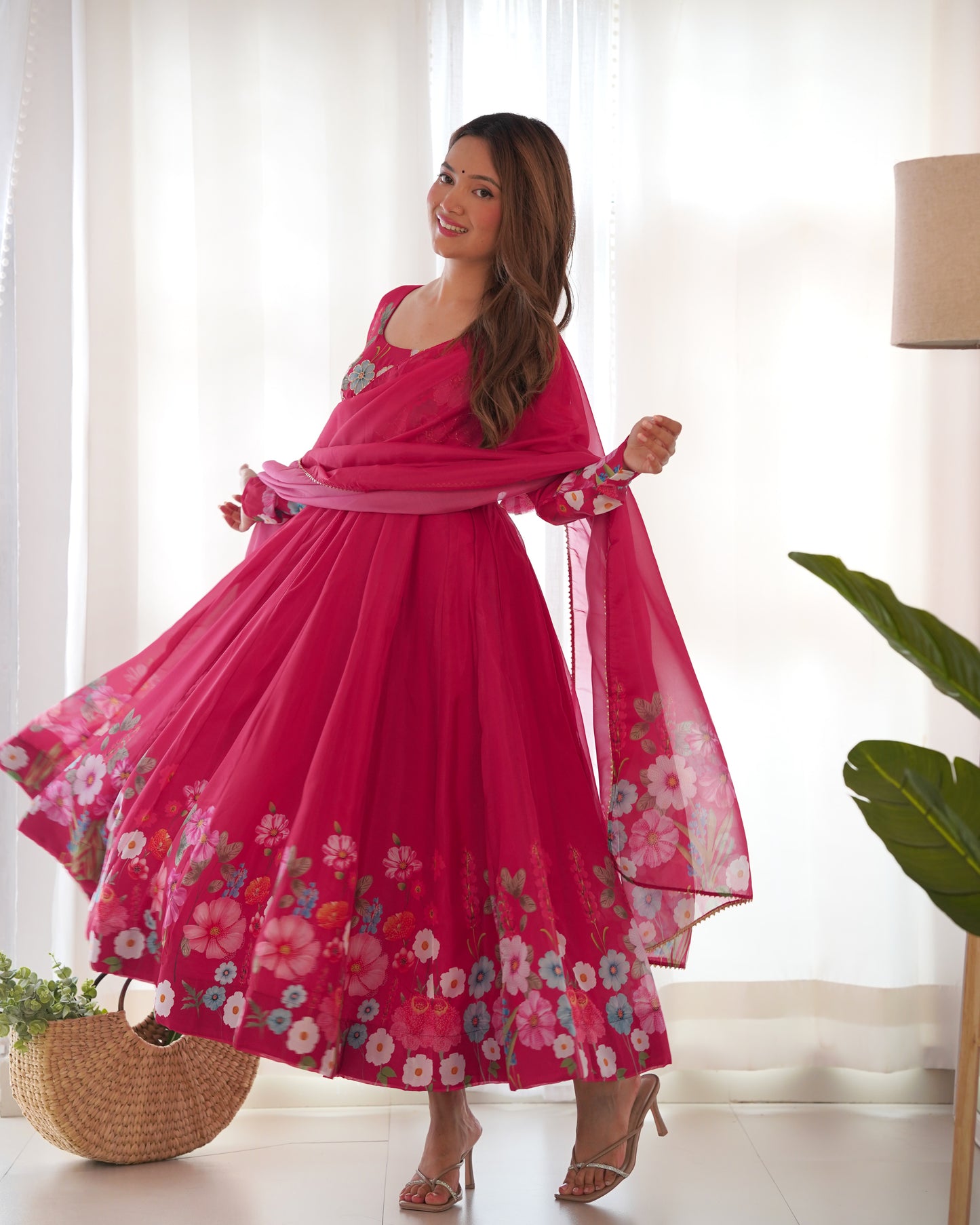 Incredible Pink Floral Printed Organza Festival Wear Anarkali Suit