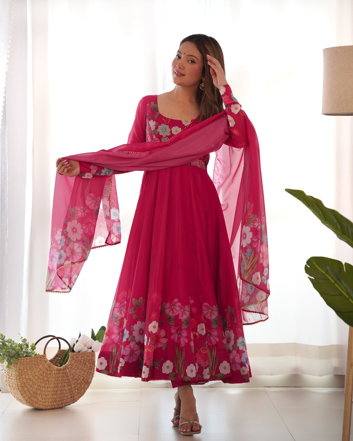 Incredible Pink Floral Printed Organza Festival Wear Anarkali Suit