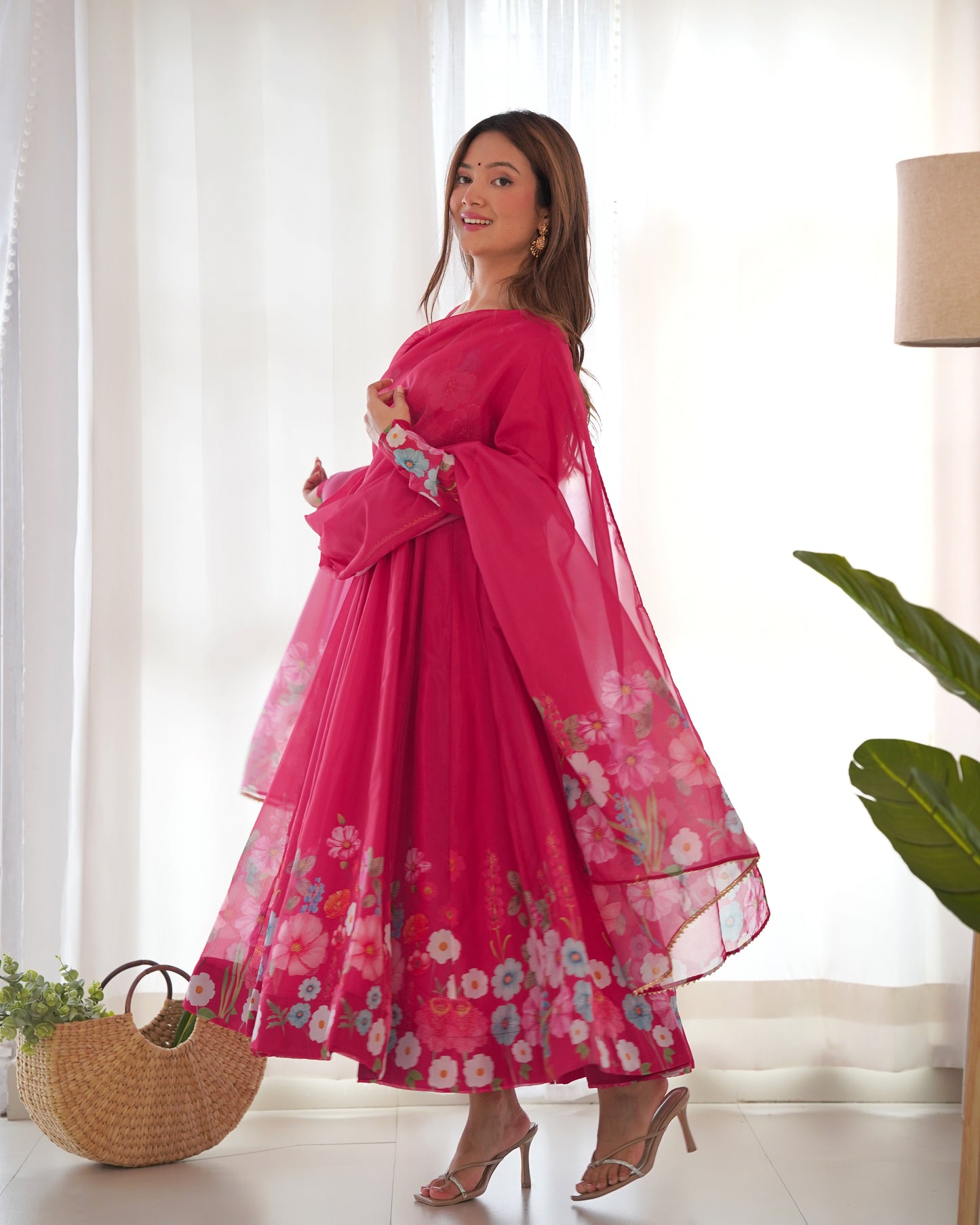 Incredible Pink Floral Printed Organza Festival Wear Anarkali Suit