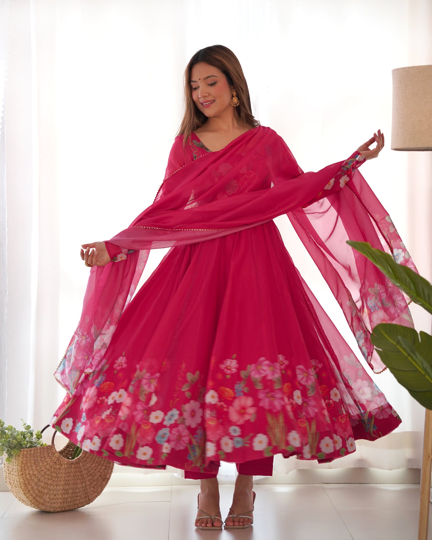 Incredible Pink Floral Printed Organza Festival Wear Anarkali Suit