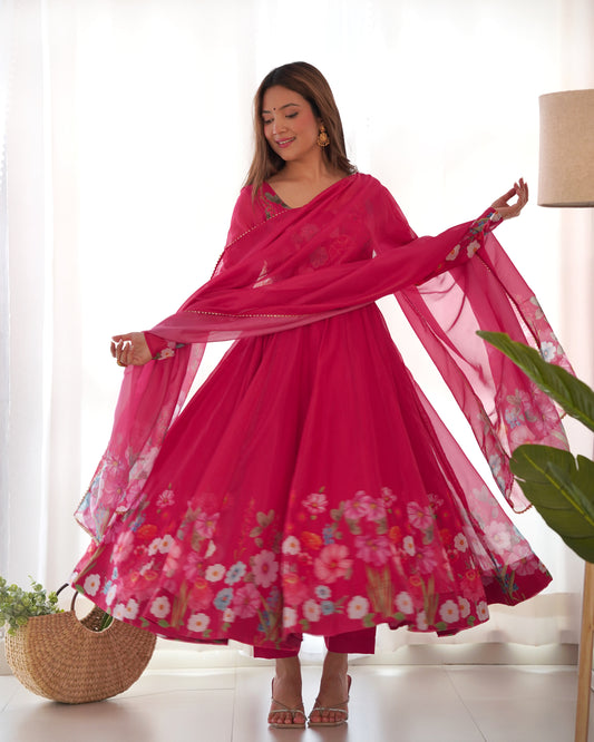 Incredible Pink Floral Printed Organza Festival Wear Anarkali Suit
