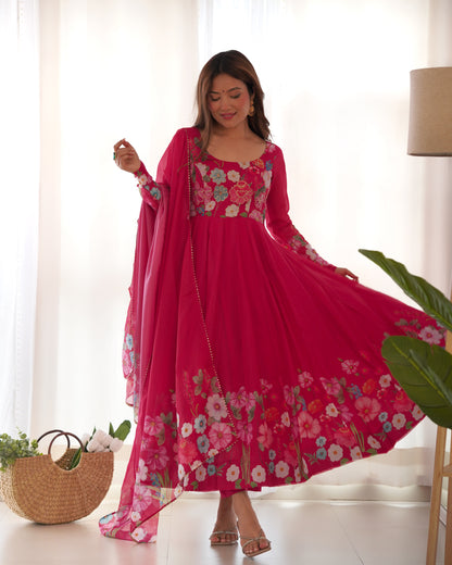 Incredible Pink Floral Printed Organza Festival Wear Anarkali Suit