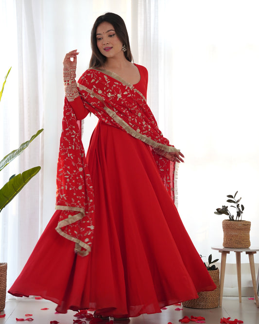 Red Solid Faux Georgette Anarkali Set