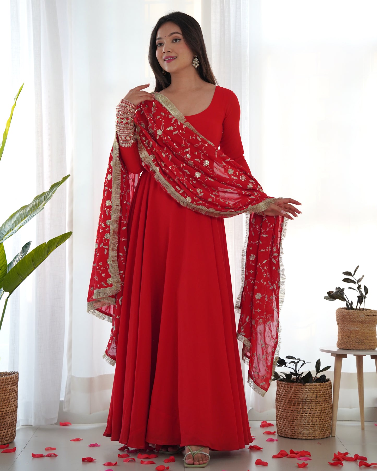 Red Solid Faux Georgette Anarkali Set