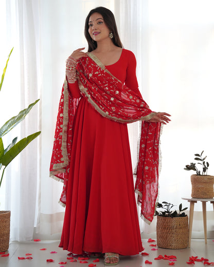 Red Solid Faux Georgette Anarkali Set