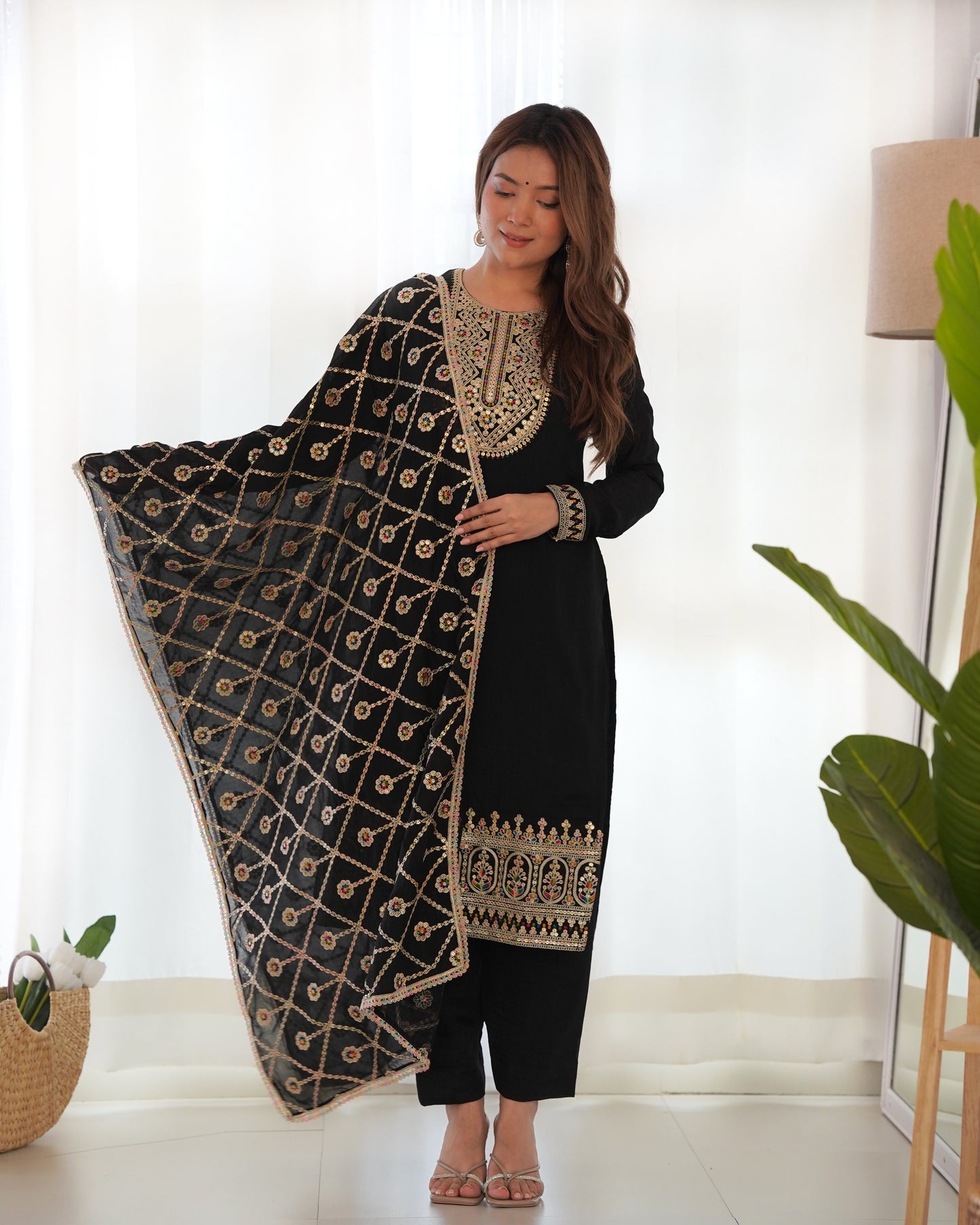 Ethnic Traditional Indian Black Women's Kurta Pant with Dupatta Suit