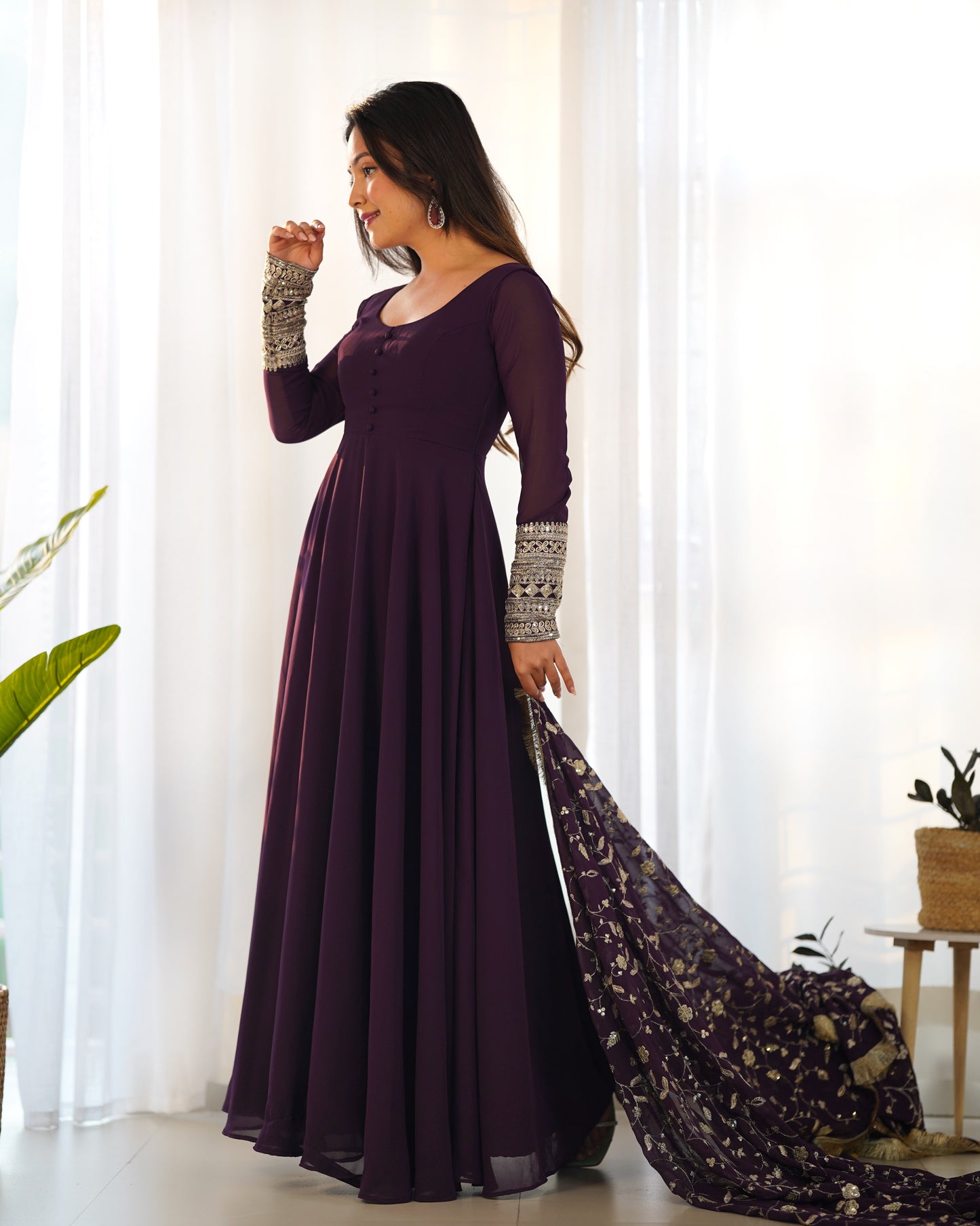 Aliya Wine Solid Faux Georgette Anarkali Set