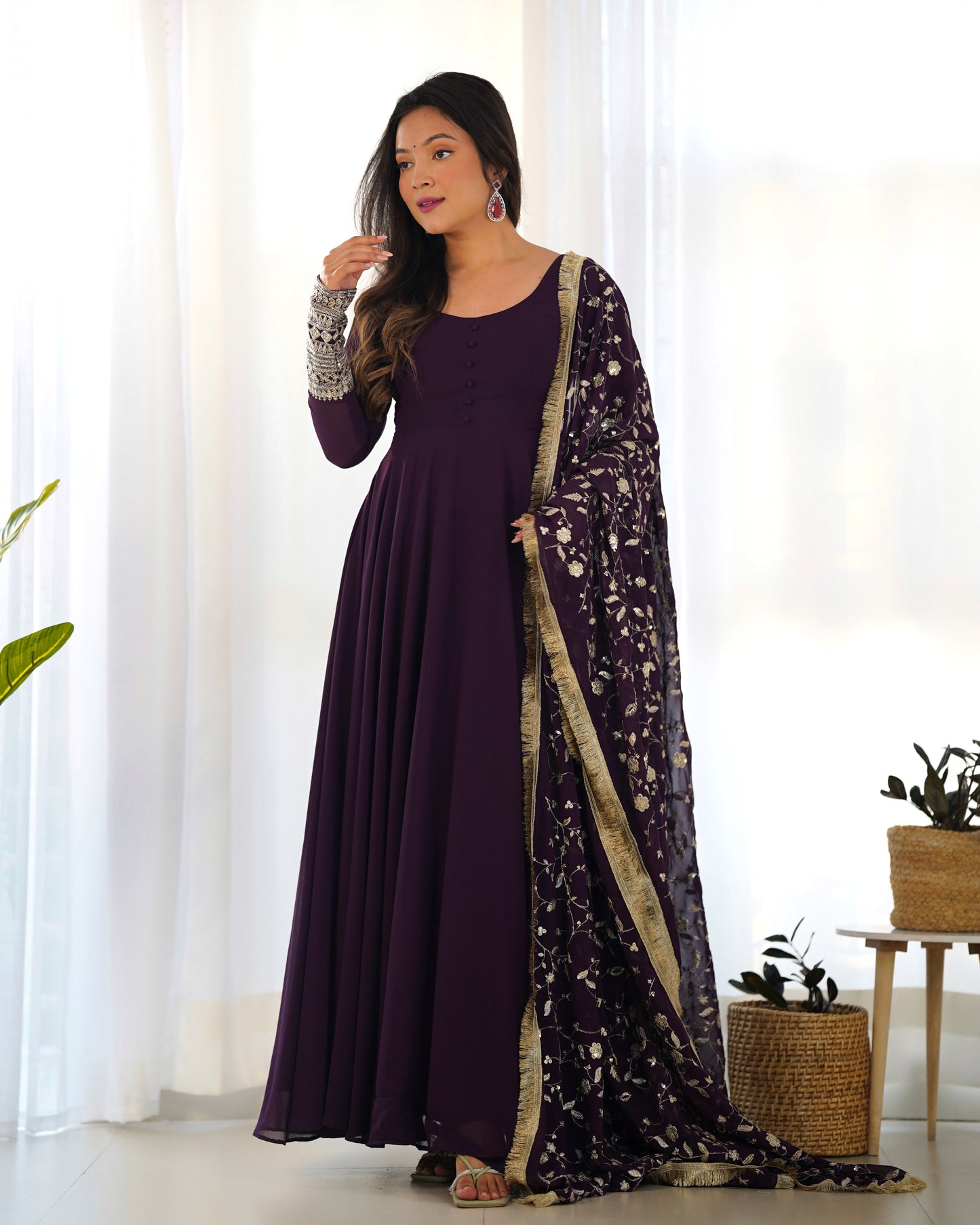 Aliya Wine Solid Faux Georgette Anarkali Set